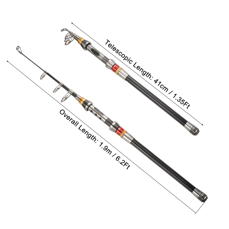 1.9m/6.2ft Pêche Barre Téléscopique 41cm, Carbone pour Eau Douce Pêche Noir - Photo 2/4