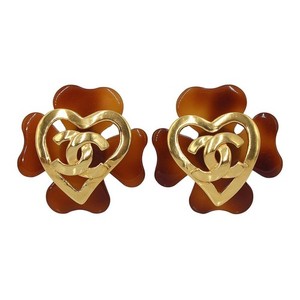 Authentic Chanel Coco Mark Clover Heart Earrings Gold Plated Brown 95P Vintage 977212