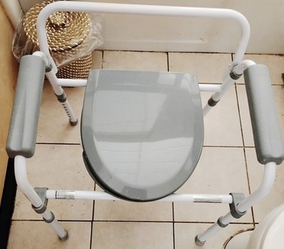 Adjustable Height Bedside Commode Gray White Removable Seat Lid Metal Plastic