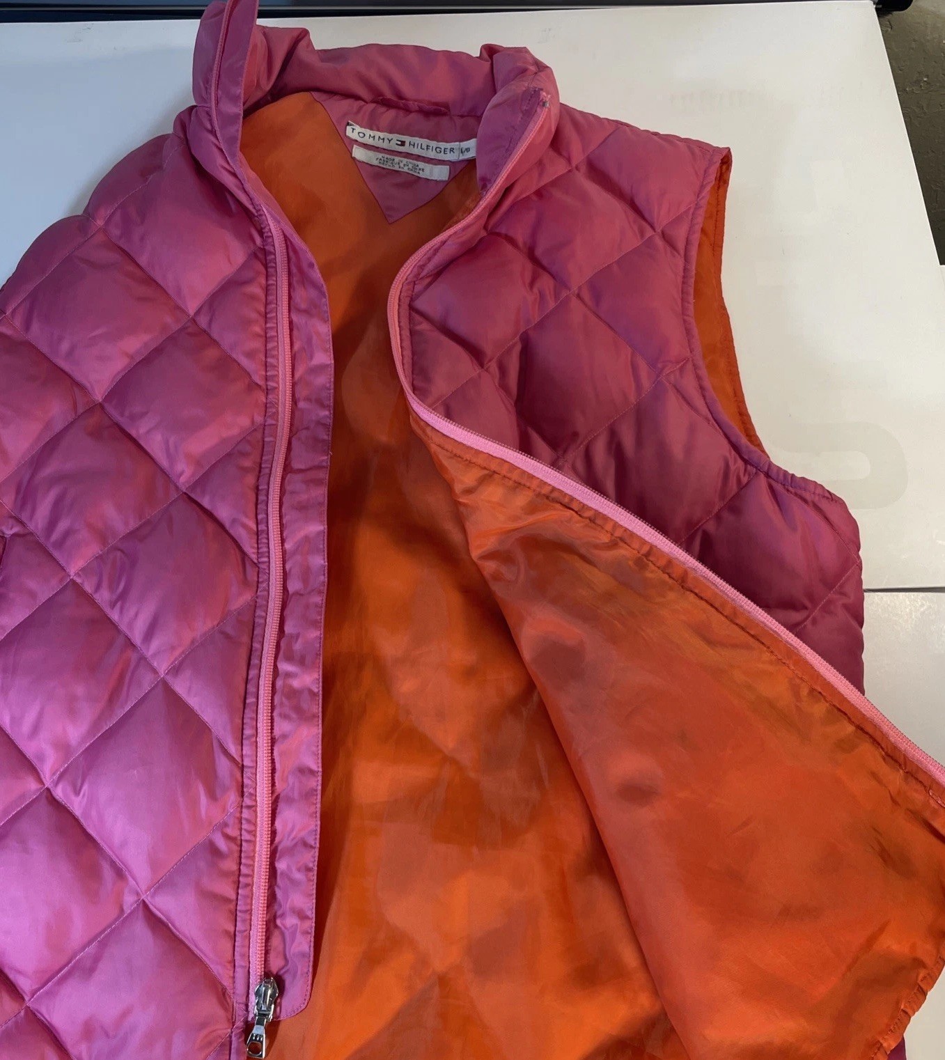 VINTAGE Tommy Hilfiger Womens Quilted Vest Large Pink Outer/Orange Lined Pockets thumbnail 4