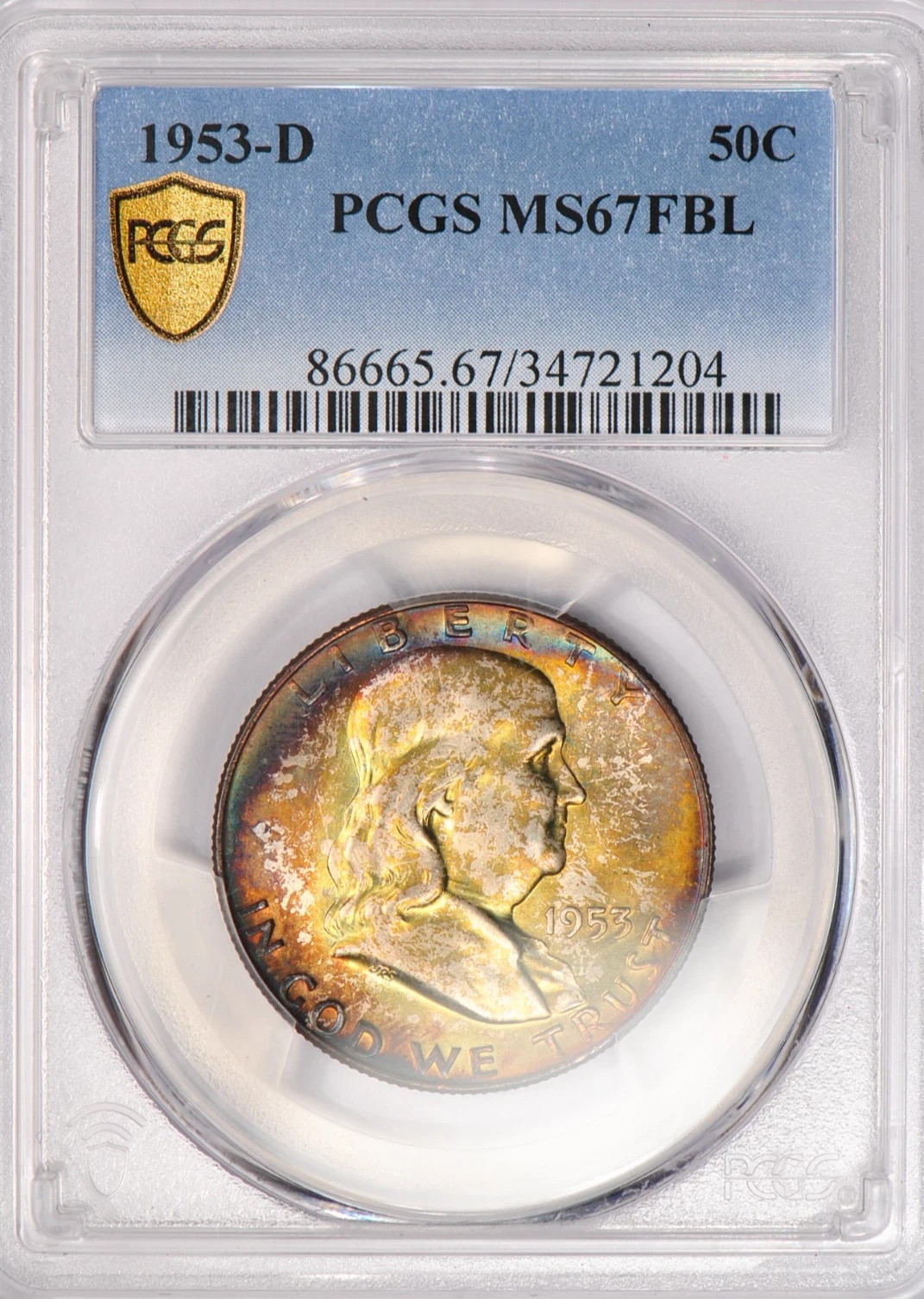 1953 D TONED Franklin Half Dollar PCGS MS 67 FBL SEE VIDEO Top Pop Toning Coin