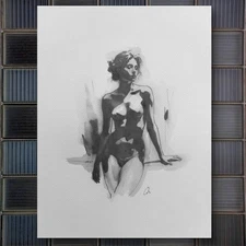 Original Classical Watercolor 8x10 Black And White Painting Nude Female Figure