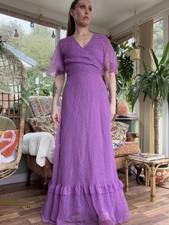 Vintage 1990s Maxi Dress with Ruffle Hem and Polka Dot Detail Purple Size 10