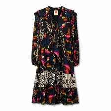 FARM Rio Abstract Print Ruffle Beaded V-Neck Long Sleeve Midi Dress Size S