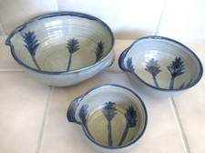 3 Studio Art Pottery Signed Pour Bowls Side Lip Handle Set of 3 Multi Sized