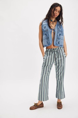 Free People Marielle Pull-On Pants L 10 Women's Striped Trousers Blue Pant 44989