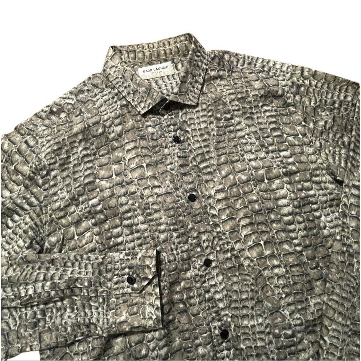 Saint Laurent Paris Button Up Shirt Men Size 15.5/40 Brown Snake 