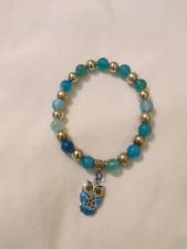 Cute Blue Owl On A Stretch Band Blue And Silver Beads Bracelet