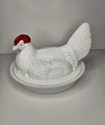 Vintage Large Westmoreland 7.5” Milk Glass Hen On Nest  Painted Comb Split Tail