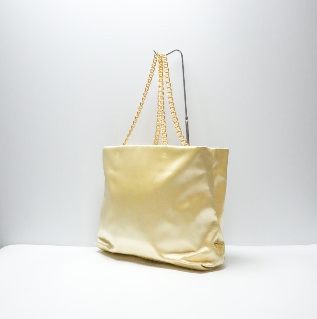 RARE!!!! Prada Shoulder Tote Bag Gold Satin Gold Chain image 2
