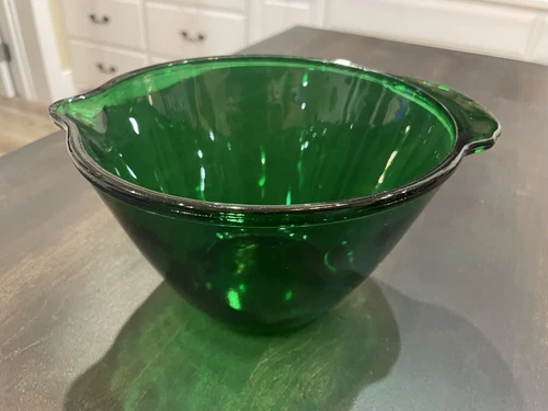 Vintage Anchor Hocking Forest Green Glass Tab Handled 7 Cup Batter Bowl #2 B136