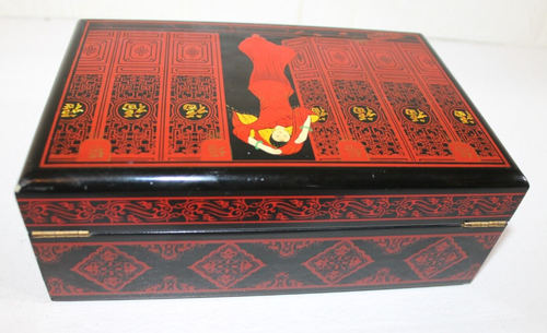 Elegant Asian Gloss Black & Red Lacquered Jewellery Ring Box Velvet Inner Shelf - Picture 16 of 17