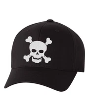 Skull and Crossbones Black Flex Fit Hat, Black Baseball Hat with Skull