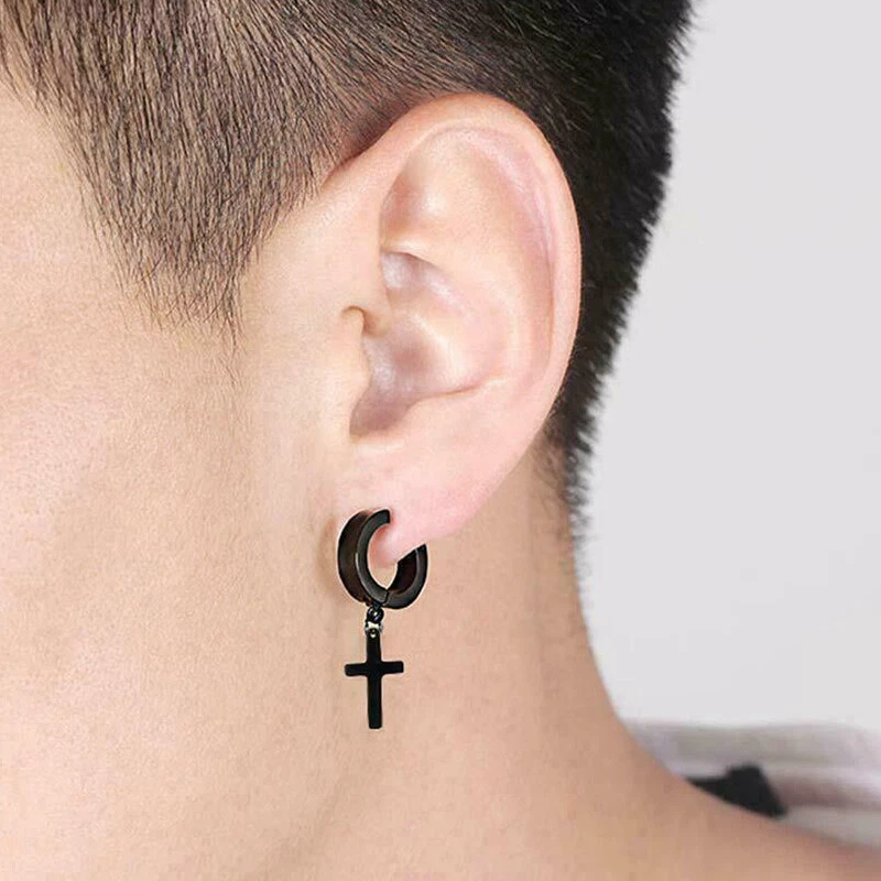 Men Women Stainless Steel Cross Dangle Hoop Clip on Earrings Non