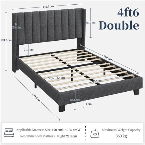 Double Upholstered Bed Frame with Wing Side, Bed Frame with Tufted Headboard