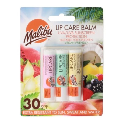 Malibu Lippenbalsam 3er Pack Wassermelone Minze Vanille LSF 30 Sonnenschutz Schutz 