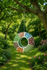 Mosaic Glass Hanging Bird Feeder – Colorful & Multi-Purpose Garden Accent