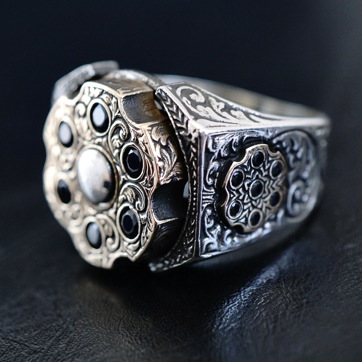 925 Sterling Silver Ring Black Diamond Spinning Revolver Bullet