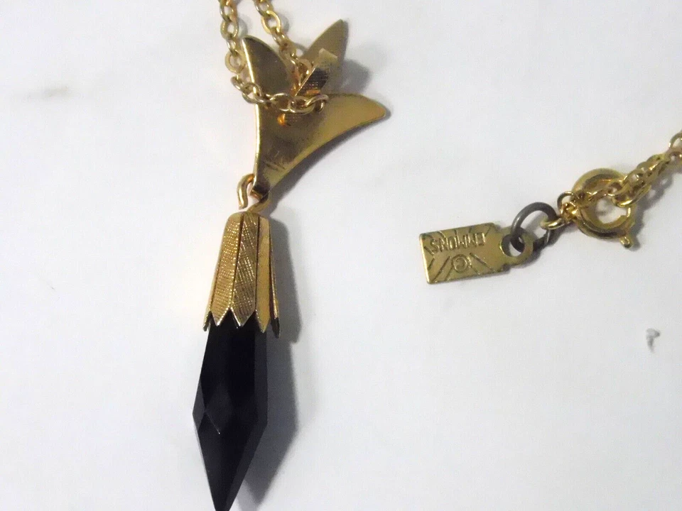 EMMONS Black Glass Stone Jewelry Set Teardrop Pendant & Clip Earrings - Image 2 of 4