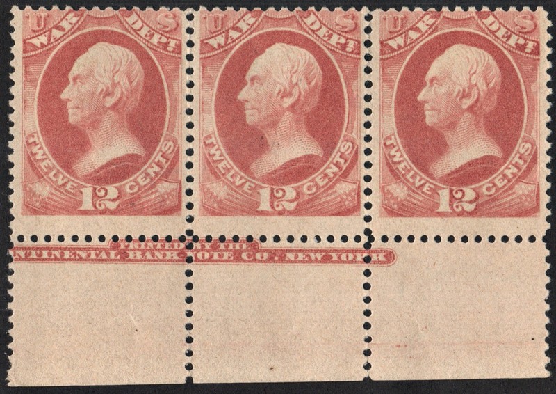 SC#O119 12¢ Henry Clay War Department Official Imprint Strip of Three (1879) *