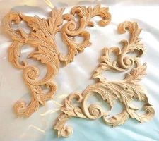 (Pair L&R) 8"W X 8"H X 5/8"TH, Hand Carved Red Oak Solid Wood Leaf Scroll Onlay