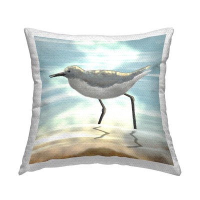 Sandpiper Bird Along Shallow Beach Shoreline Outdoor Printed Pillow, 18 x 18,...
