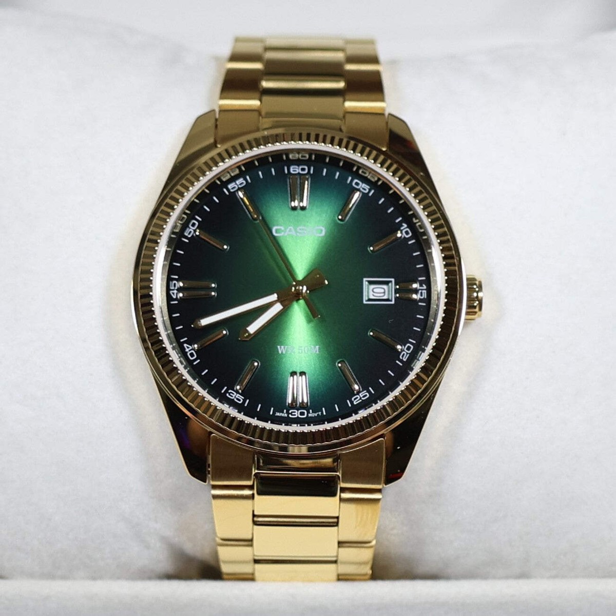 Casio Men's Vintage Green Dial Gold Tone Stainless Steel Watch MTP
