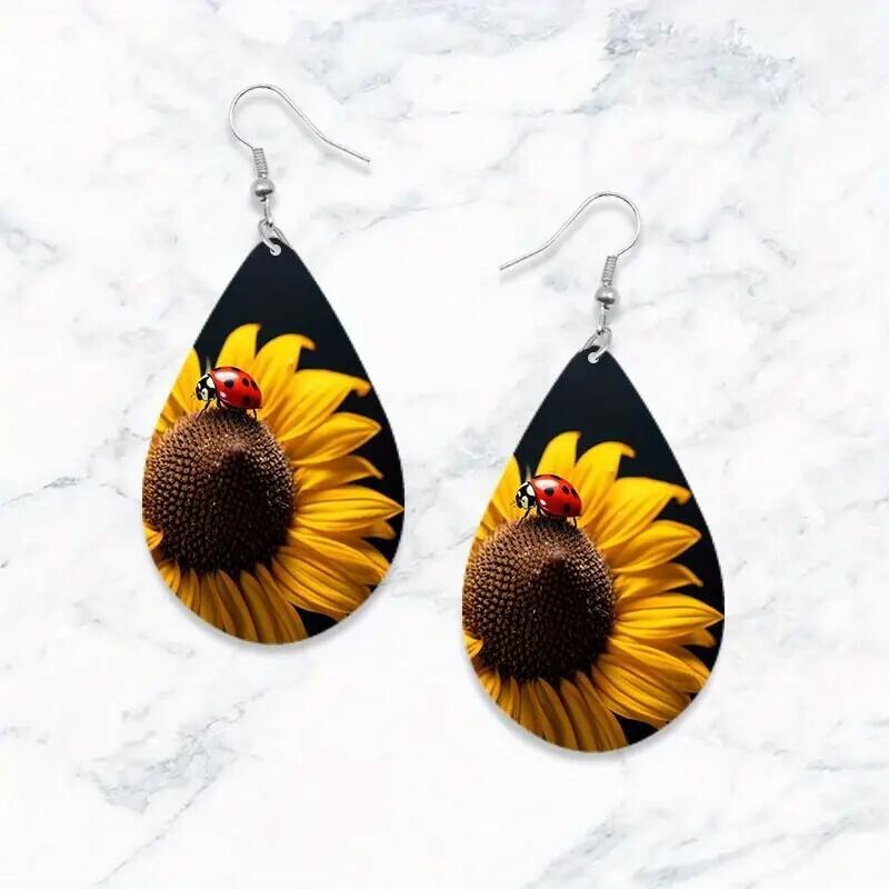 Sunflower Earrings for Women Leather Teardrop Dangle Drop Jewelry Outfits Faux Leather Earrings For Women - Leopard & Sunflower  main image 4