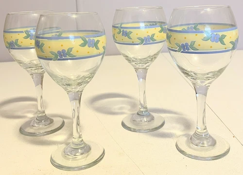 Pfaltzgraff Summer Breeze Wine 10 Oz Set Of 4 Yellow Band Blue Flowers 7-3/4"