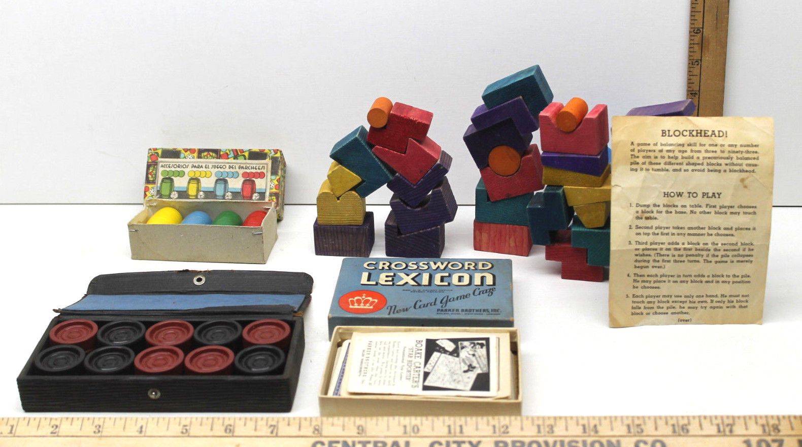 Vintage Blockhead Family Balancing Skill Game+Lexicon Card+Parcheesi+Checkers eBay