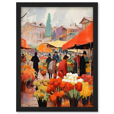 Geschäftiger Blumenmarkt warm Bernstein orange gelb Ölgemälde gerahmt Kunstdruck A4