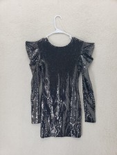 Forever 21 Women Dress Small Black Nylon Blend Long Puff Sleeve V Back Mini