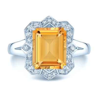 Smaragdschliff Citrin Diamant Ring 14K Weißgold natürliches Antikfinish 3,26 ctw