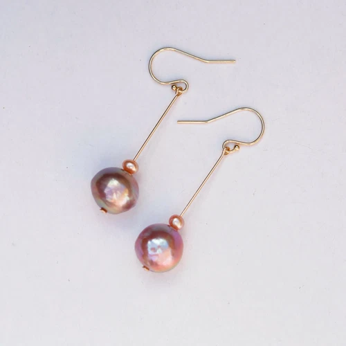 E210 Baroque 11-12mm pearl Natural amazing Gold-Purple 14KGF earring AAAALUSTER  - Picture 1 of 12