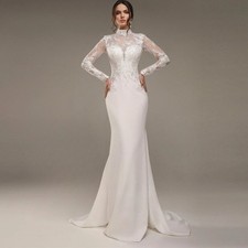Elegant Mermaid Wedding Dress Long Sleeves Lace High Neck Bride Gown Customized