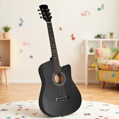 38'' Beginner Acoustic Guitar Set - Cutaway Steel String Tuner Capo Matte Black