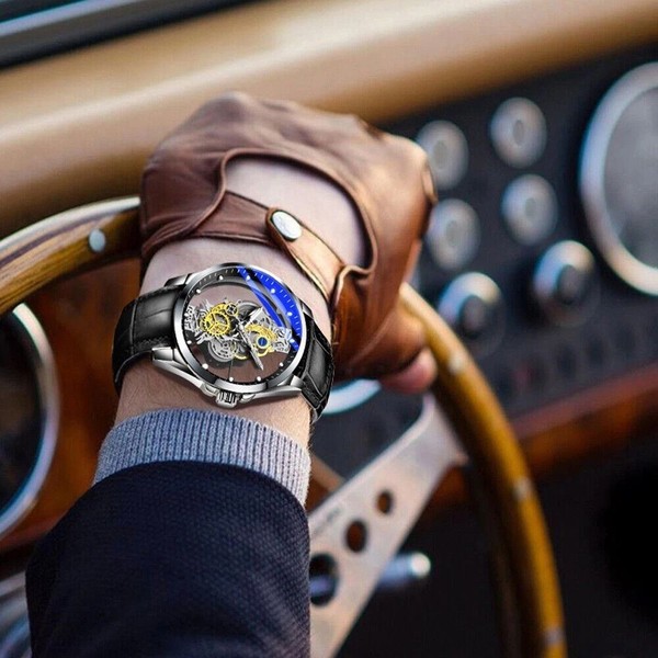 Reloj de lujo para hombre esqueleto hueco automático cuarzo acero inoxidable negocios 3