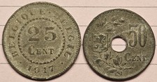 1917 Belgium 25 Centimes - Rare Date & 1918 Belgium 50 Centimes Zinc World Coins