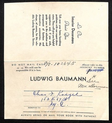 1935 Ludwig Bauman Furniture NYC Installment Payment Card (#2)
