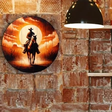 2D Flat, 1pc Vintage Cowboy Riding Metal Wall Art - 7.87x7.87 Inch Round Aluminu