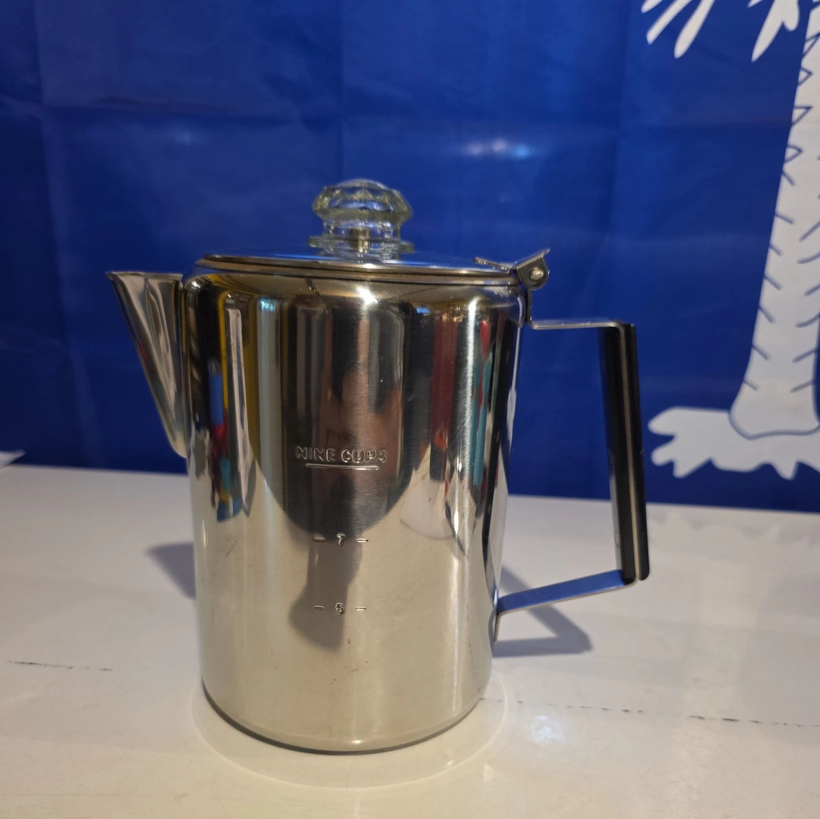 Vintage Stainless Steel Coffee Pot 9 Cup Stovetop Wood Handle.