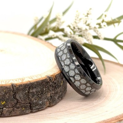 Black Tungsten 8mm Christmas Gift Ring For Her White Honeycomb Design Inlay Band