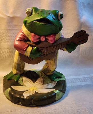 Ceramic Frog Figurine/Trinket Dish Play Guitar on Lily Pad Base Aprx 8 in Tall