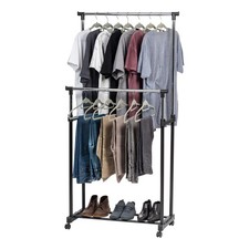 IRIS USA Portable Double-Rod Height Adjustable Clothes Rack with Wheels Rolling