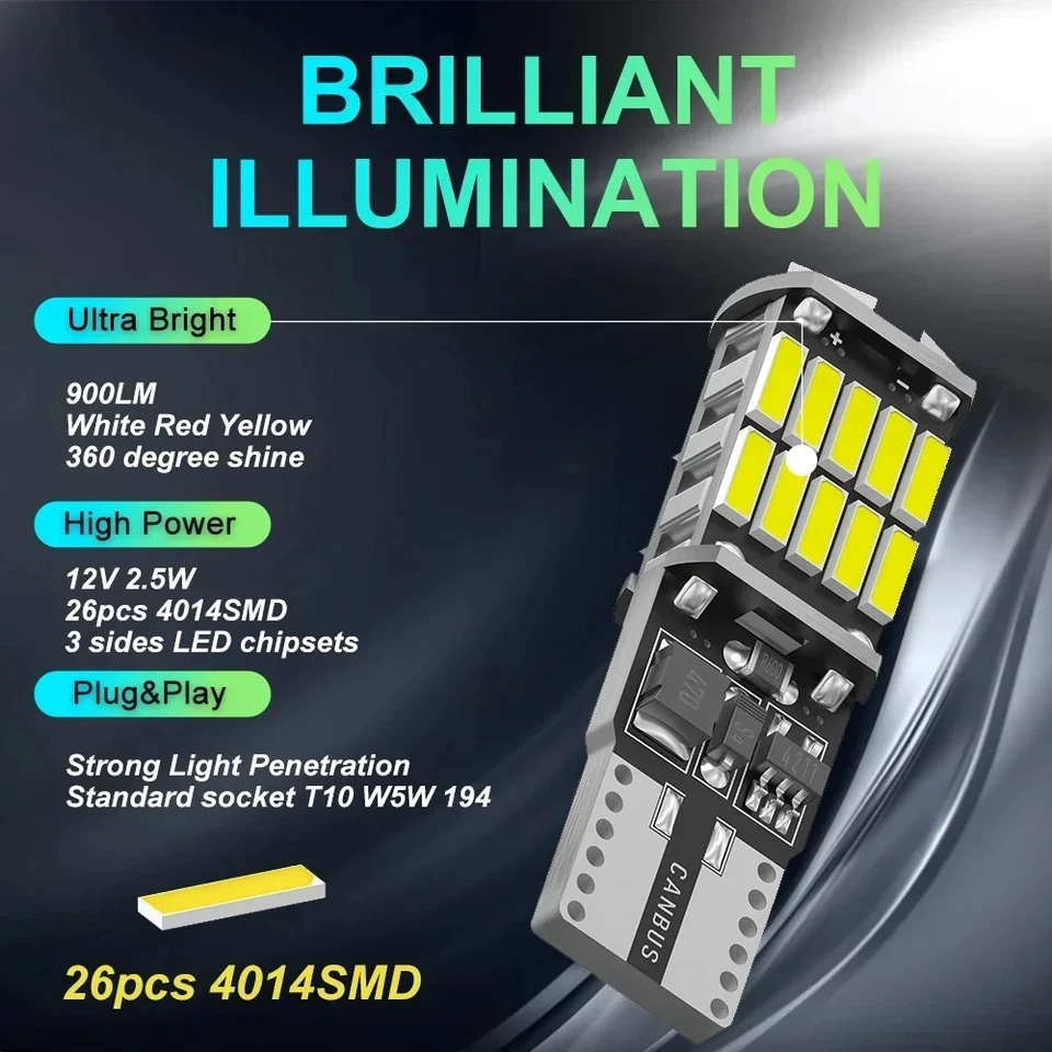 2pc W5W T10 Led Bulbs 6000K 168 194 Led 5w5 Car Interior Light Signal Lamp White - Image 2 of 4