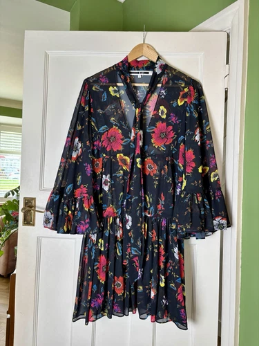 *ALEXANDER MCQUEEN MCQ STAMPA FLOREALE CRAVATTA COLLO MANICA A CAMPANA ABITO*