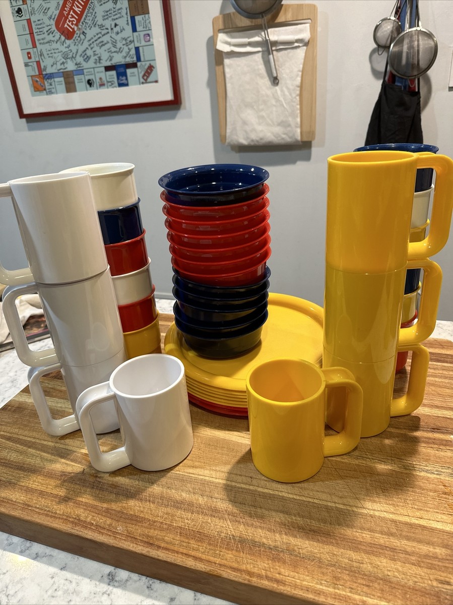 Vtg 40pc Ingrid Chicago Multi-Color Stackable Plastic Plates Cups Bowls Set  MCM