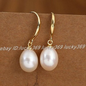 Authentic 8-9mm Natural White Rice Pearl Beads Gold/Silver Plated Hook Dangle Earrings AAA