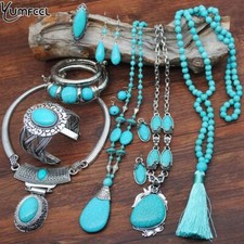 Geometric Turquoise Jewelry Set - Silver Plated Necklace Women Fashion Earring