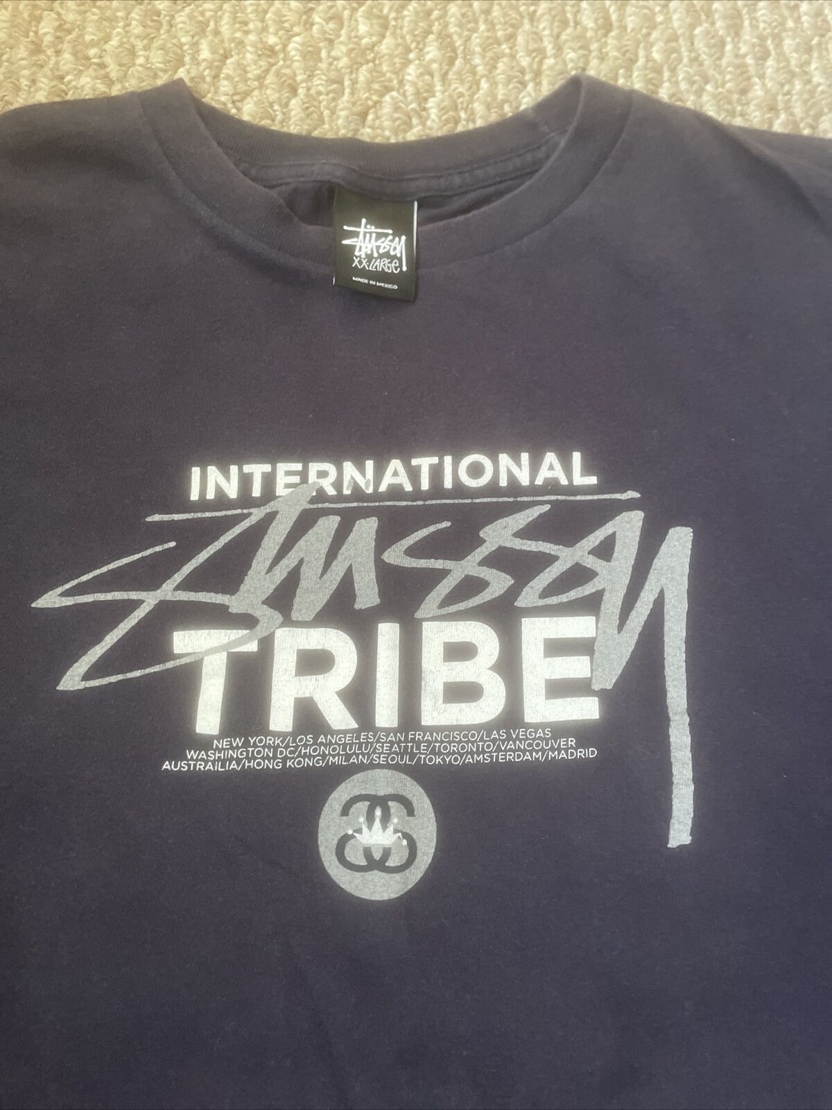 Vintage STUSSY INTERNATIONAL TRIBE T SHIRT BLACK WHITE WORLD TOUR